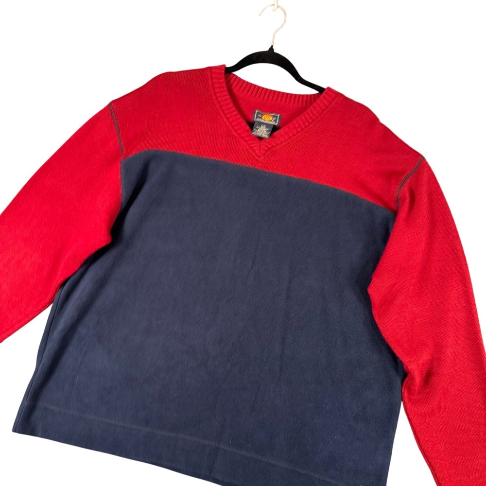 VTG Route 66 Mens L Colorblock V-Neck Sweater Red Navy Cotton Y2K Preppy